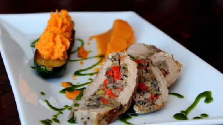 Pork stuffed with vegetables, parsley sauce & mashed sweet potato: gourmet recipes