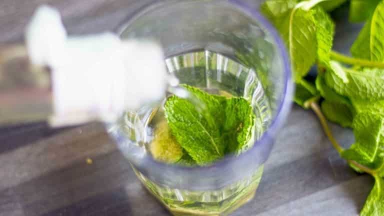 Amalfito cocktail. Limoncello Mojito recipe. Pouring rum in a highball with mint