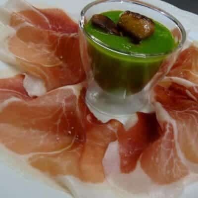 Green asparagus cappuccino with Culatello of Zibello & foie gras, gourmet recipe