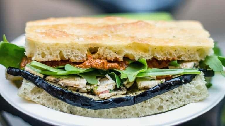 Summer vegan recipes, tofu eggplant focaccia with arugula and cherry tomatoes sa