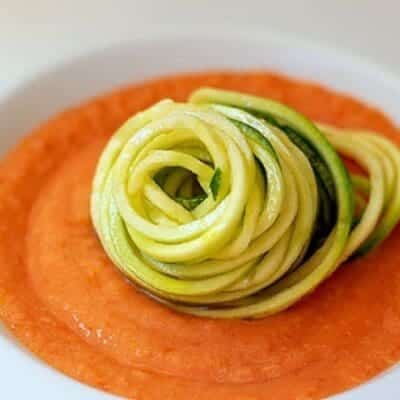 Zucchini spaghetti marinated in cardamom gin tonic with gazpacho aperitif recipe