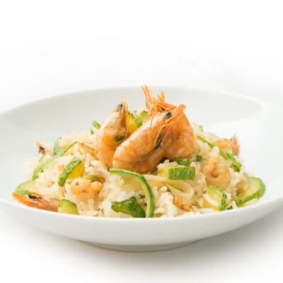 Shrimp and zucchini risotto recipe with saffron, Italian cuisine, Italian recipe