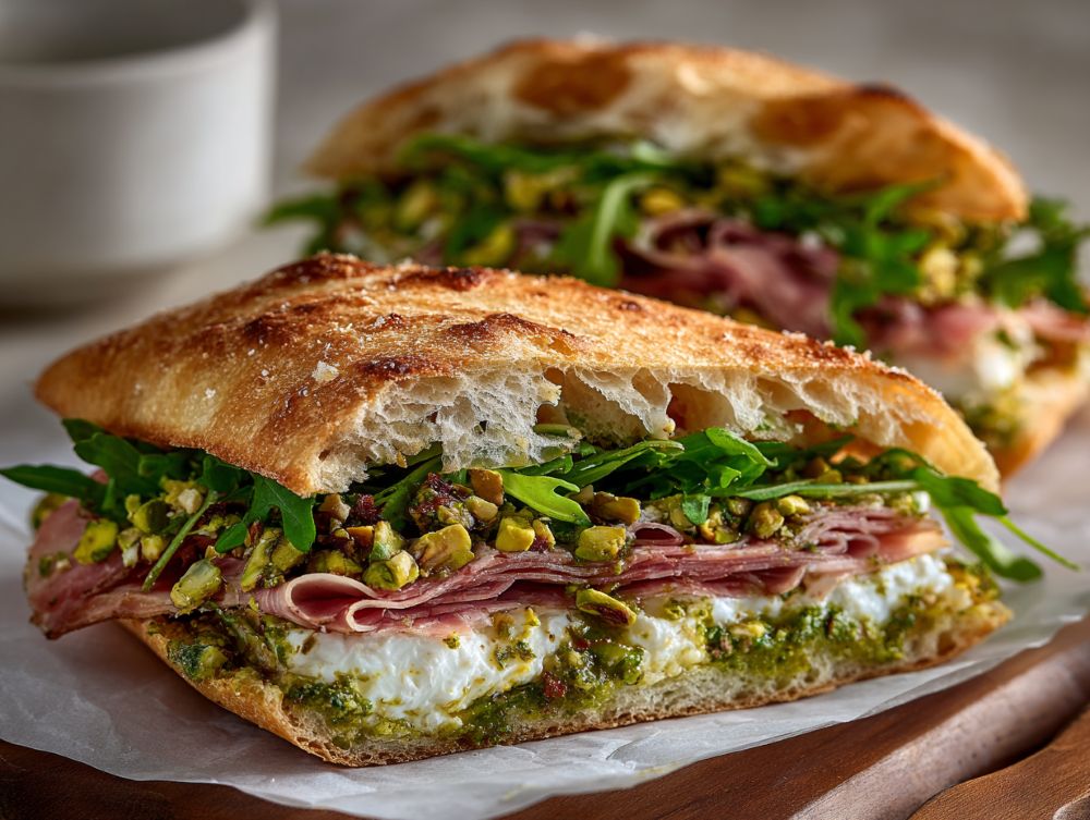 Focaccia con stracchino, mortadella, pistacchi, pesto di pistacchi e rucola: la ricetta più buona del mondo