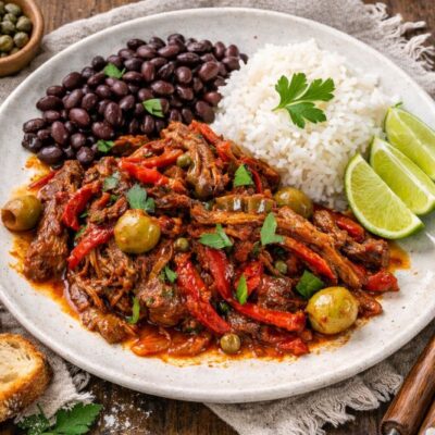 Ropa Vieja ricetta originale cubana per fare piatto di carne verdure fagioli e riso