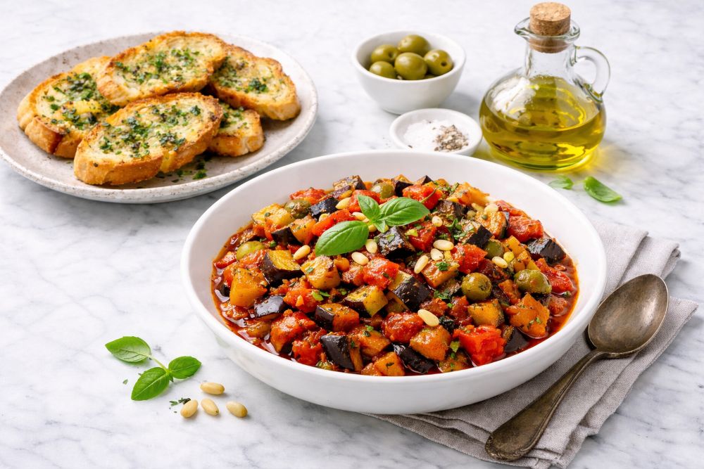 Caponata di melanzane con crostini alle erbe: un saporito antipasto vegetariano