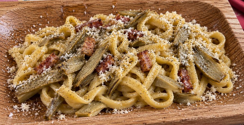 Fettuccine with Guanciale, Artichokes and Pecorino Feel Entirely at Home