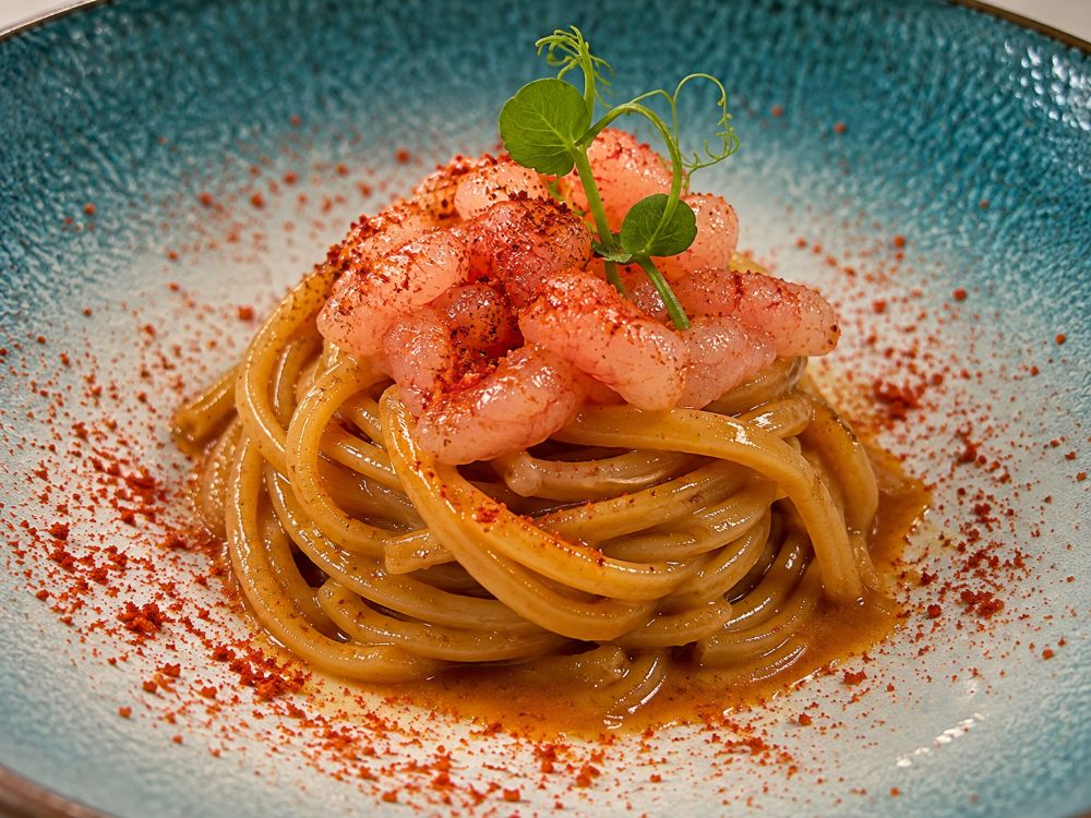 The tagliolini with red-prawn essence and prawn tartare cost €24.